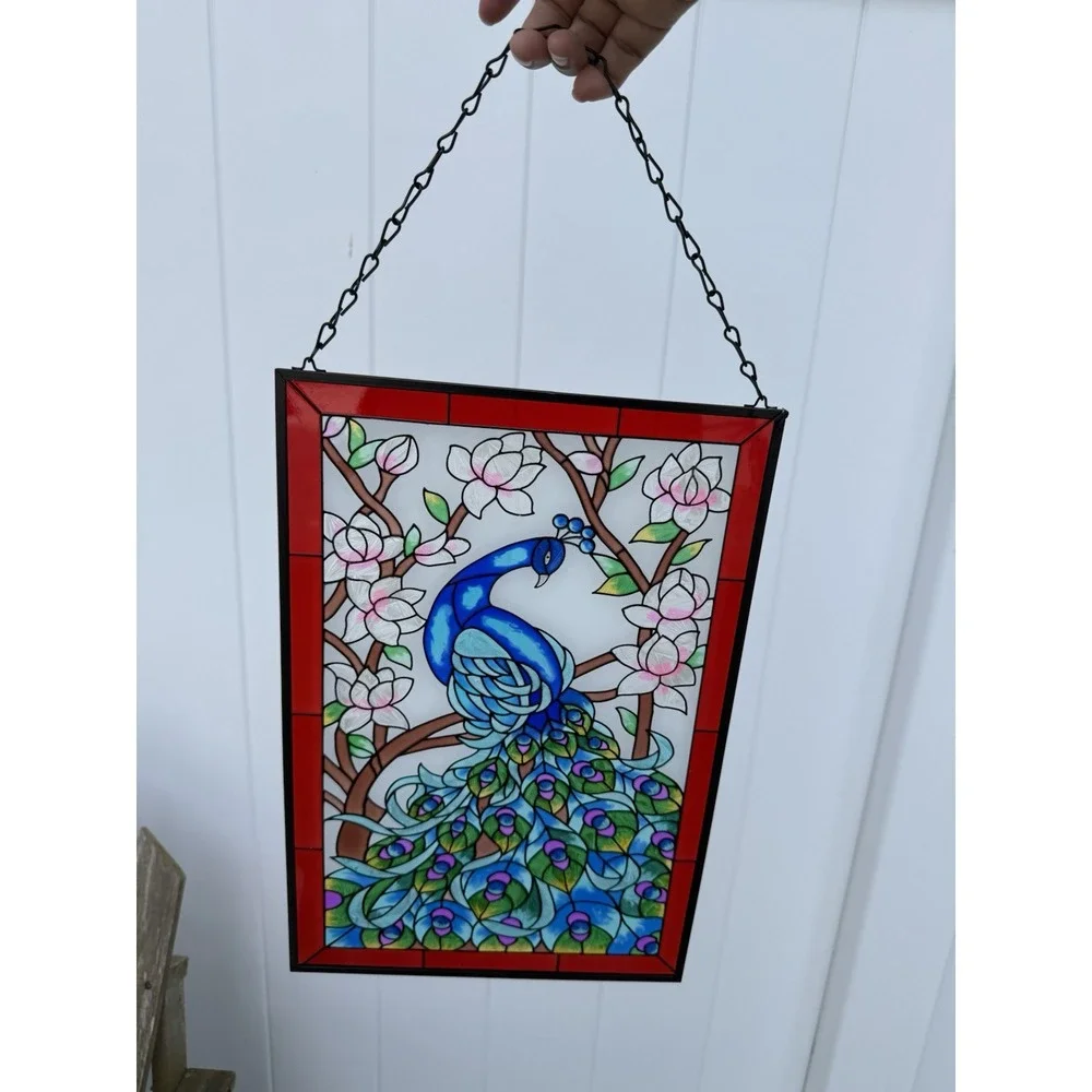Peacock Tiffany Style Stained Glass Window Panel Hangings with Chain NIB 15x10